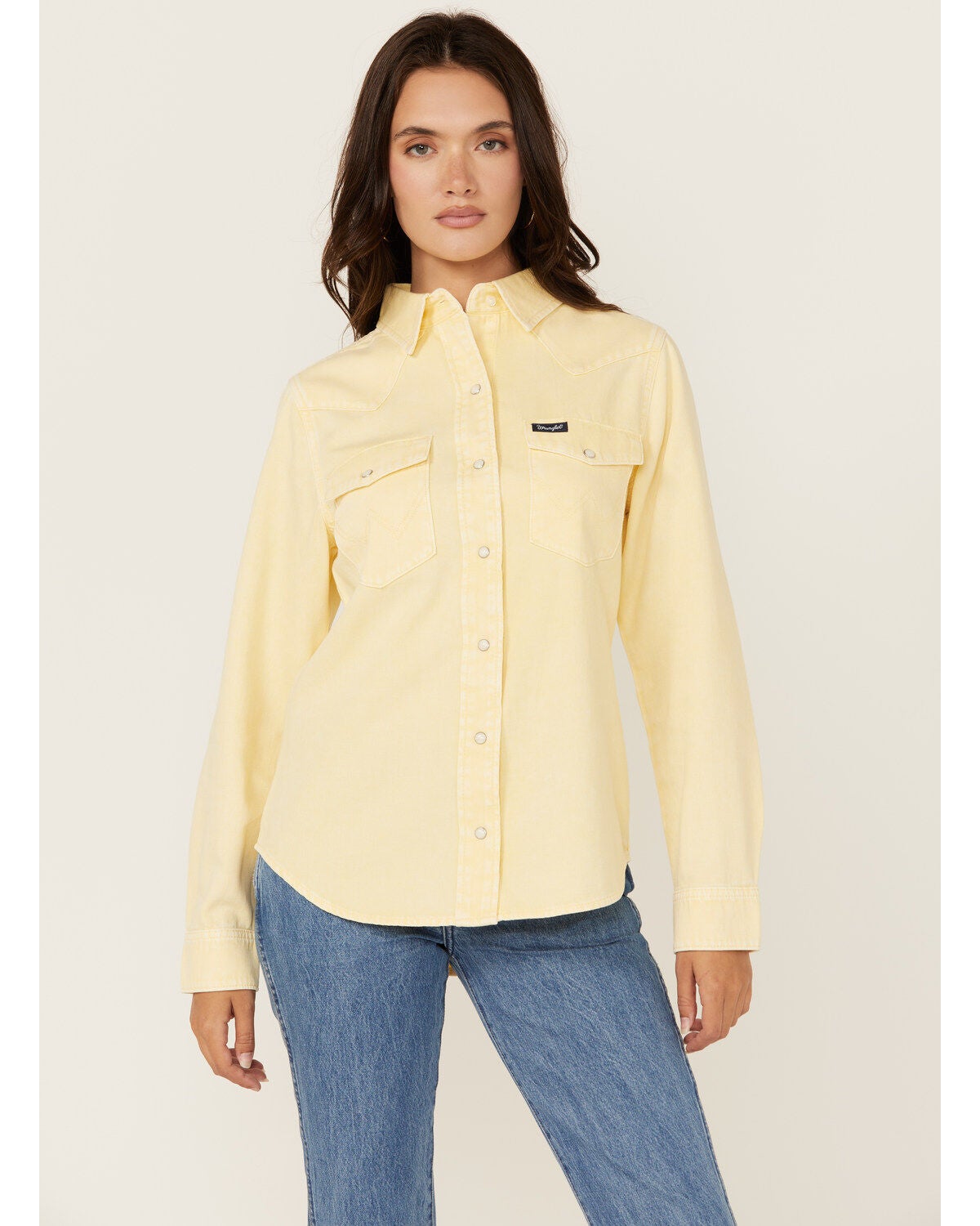 Wrangler Retro Women's Solid Long Sleeve Snap Western Shirt, Yellow, hi-res