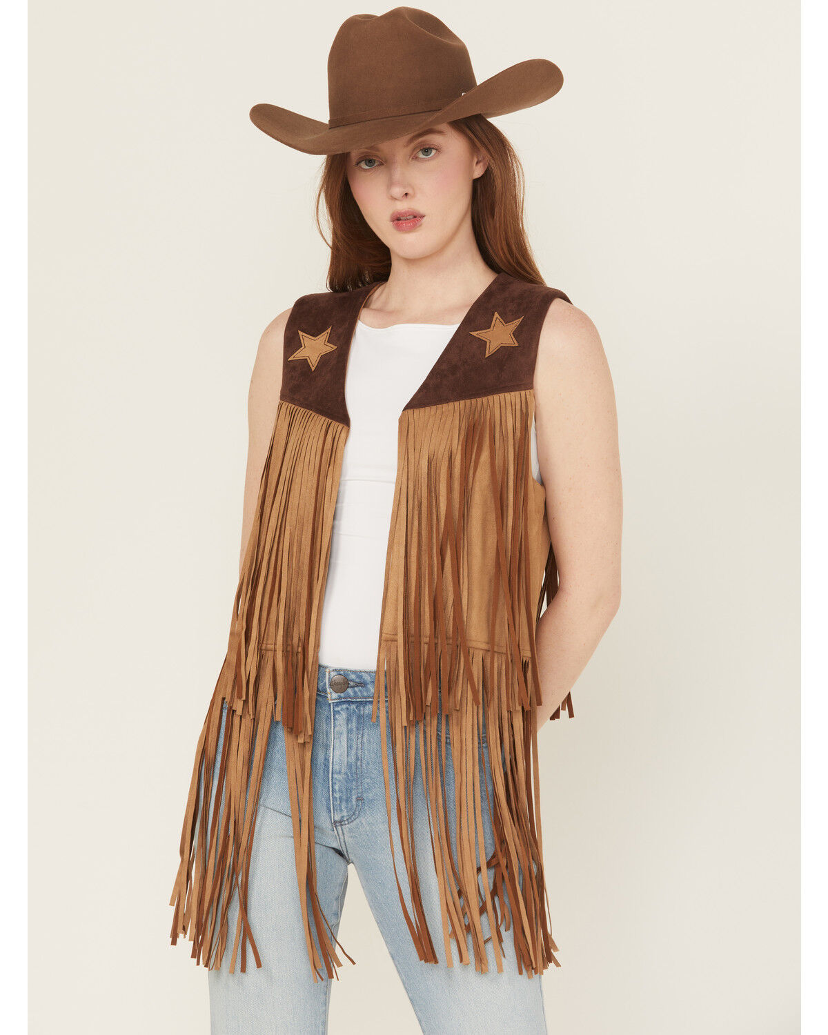 Saints & Hearts Women's Faux Suede Star Tiered Fringe Vest, Chocolate, hi-res