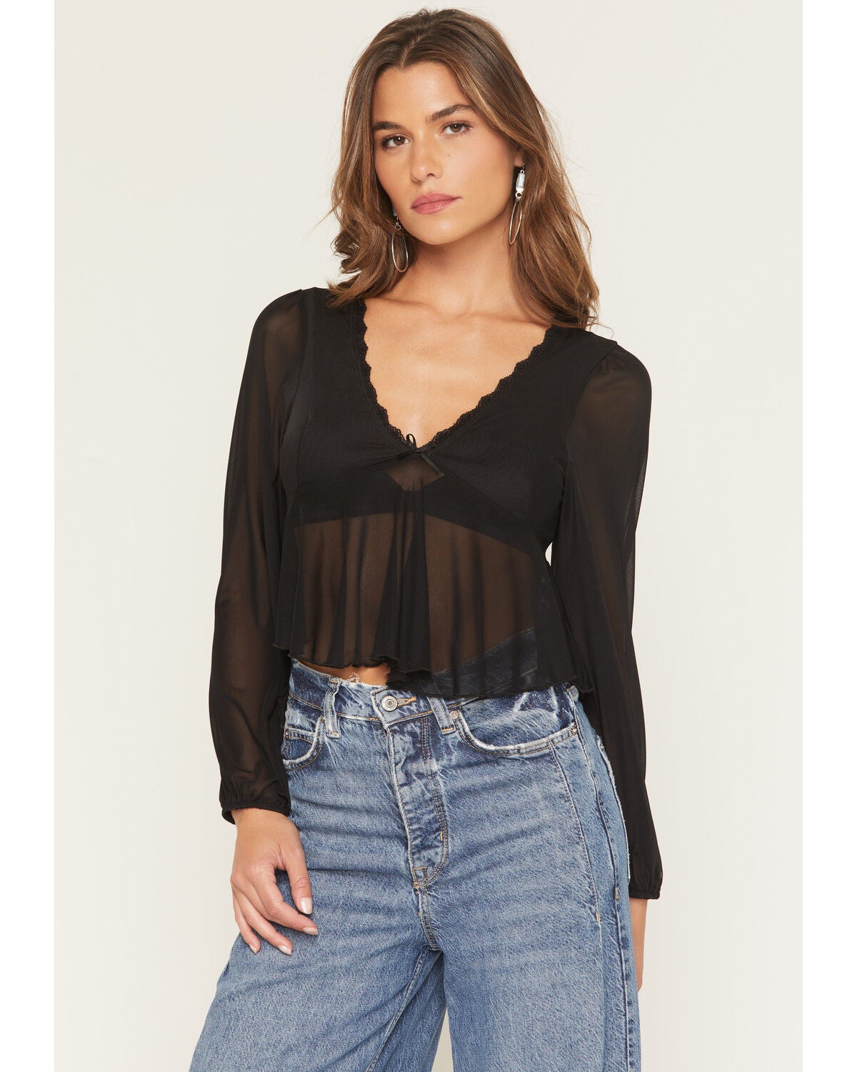 Wild Moss Women's Sheer Printed Long Sleeve Baby Doll Top, Black, hi-res