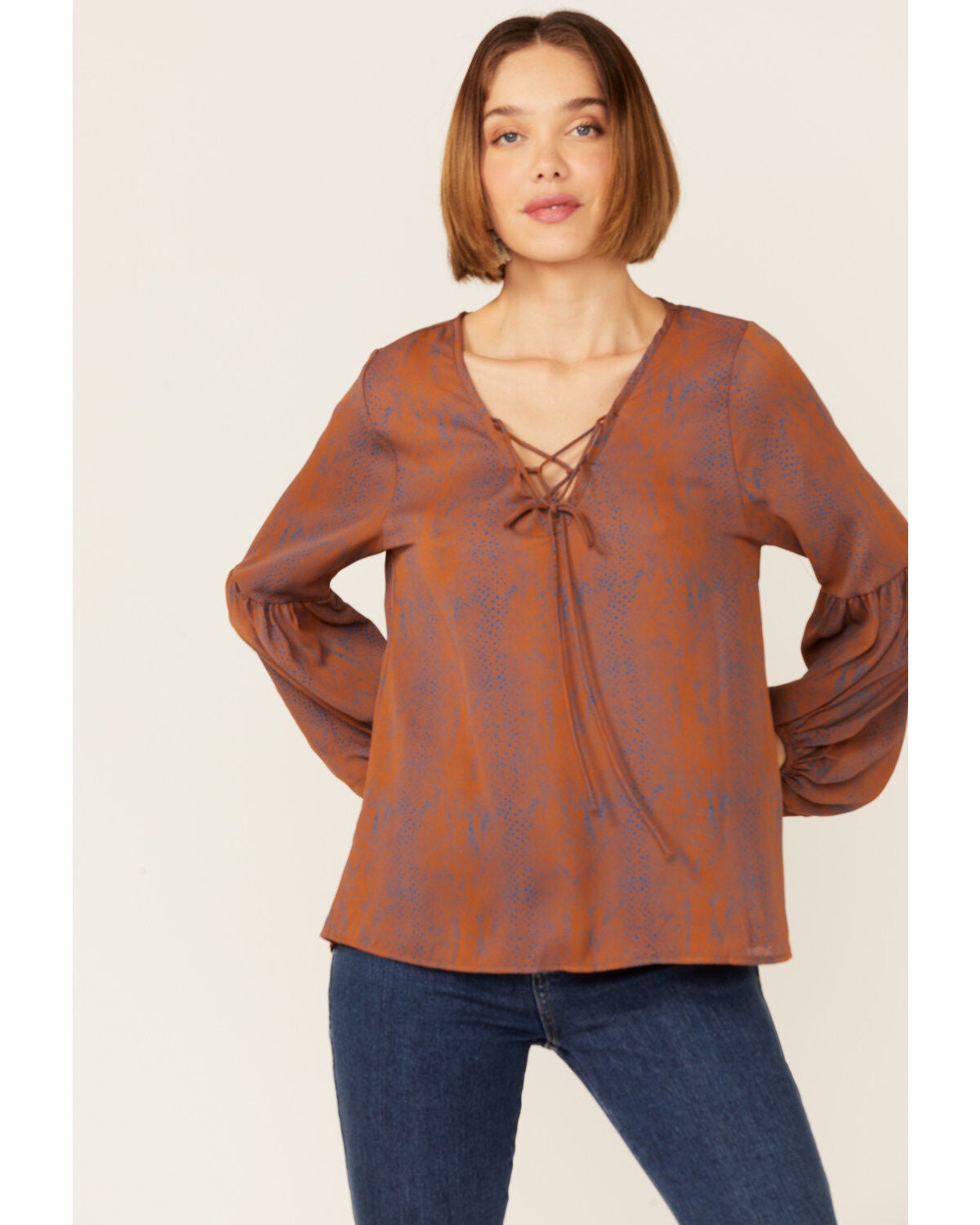 Saints & Hearts Snake Print Tie Front Blouse, Rust Copper, hi-res