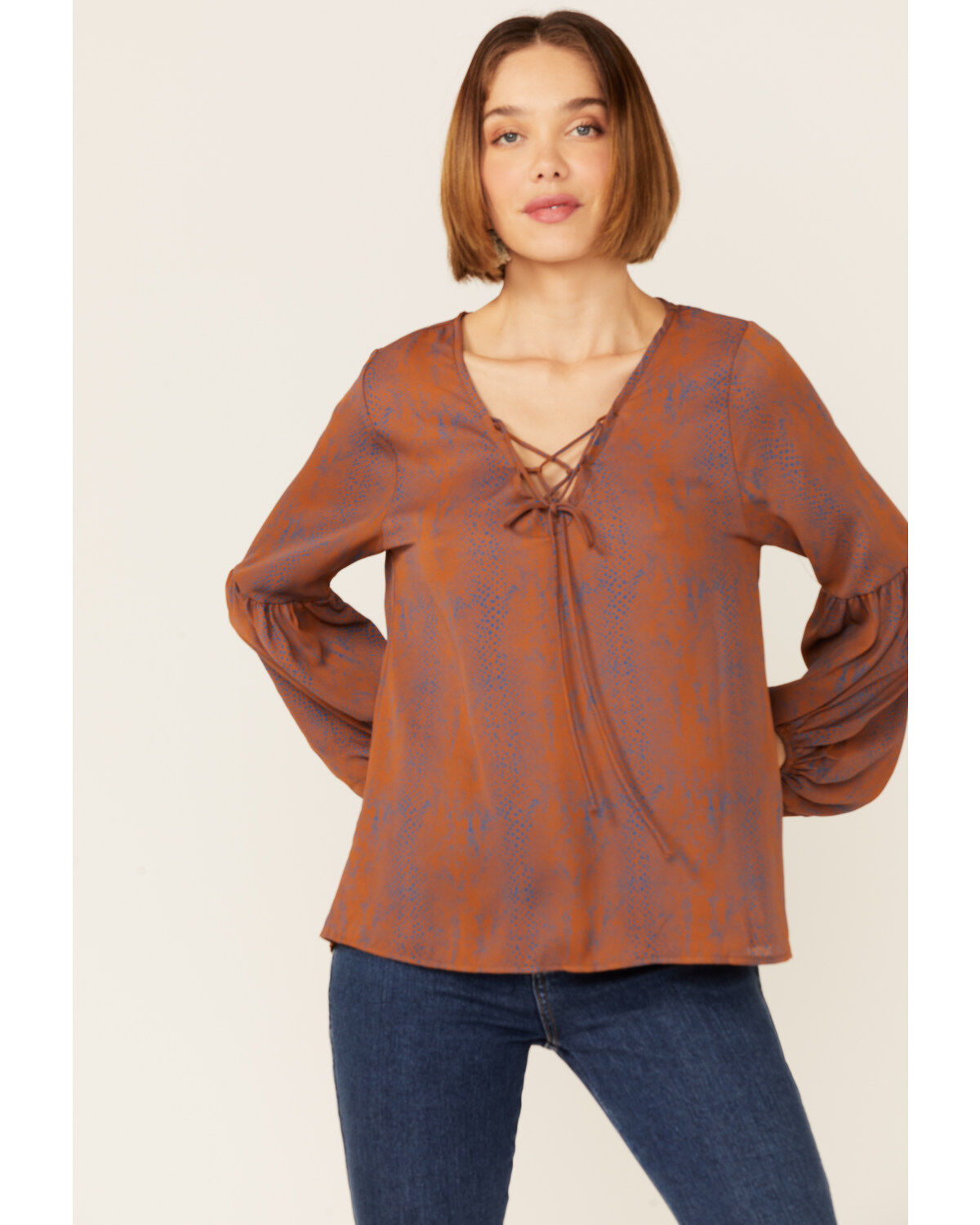 Image #1 - Saints & Hearts Snake Print Tie Front Blouse, Rust Copper, hi-res
