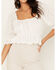 En Creme Women's Eyelet Ruffle Bottom Puff Short Sleeve Top, White, hi-res