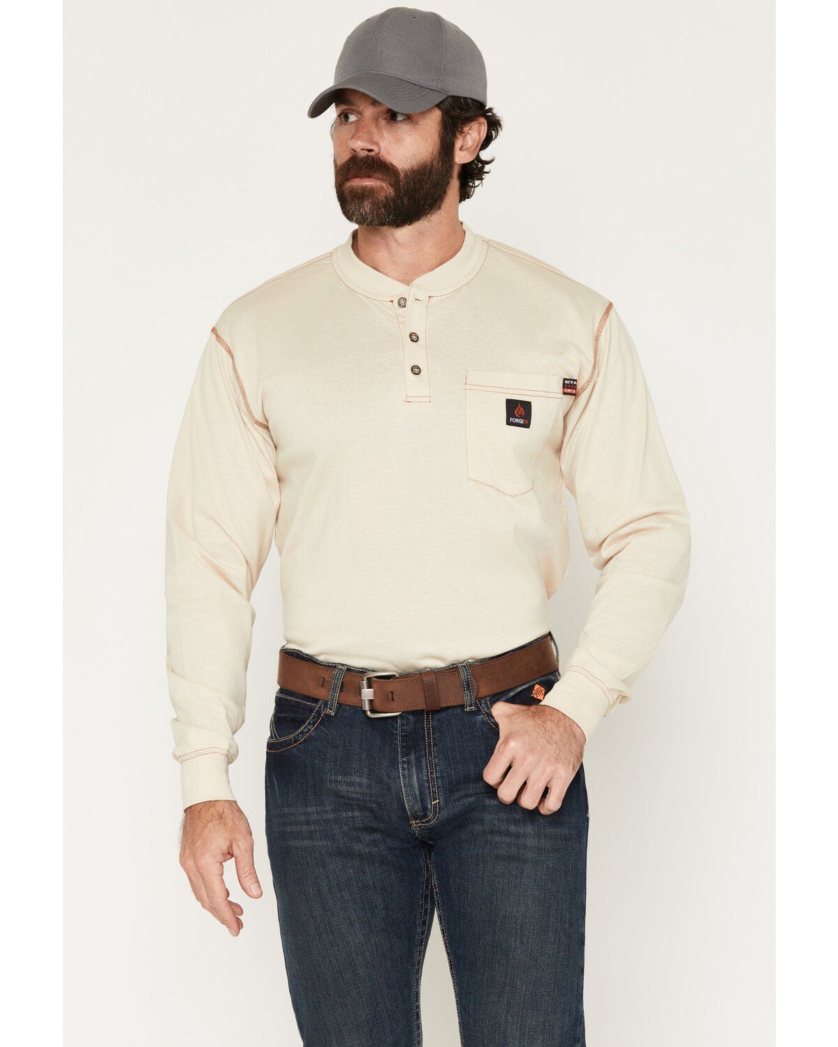 Forge Workwear Men's FR Solid Long Sleeve 1/4 Button-Down Henley Work Shirt, Sand, hi-res