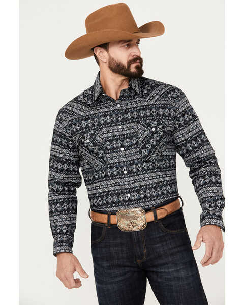 Rough Stock by Panhandle Men's Southwestern Stretch Long Sleeve Western Snap Shirt, Black, hi-res