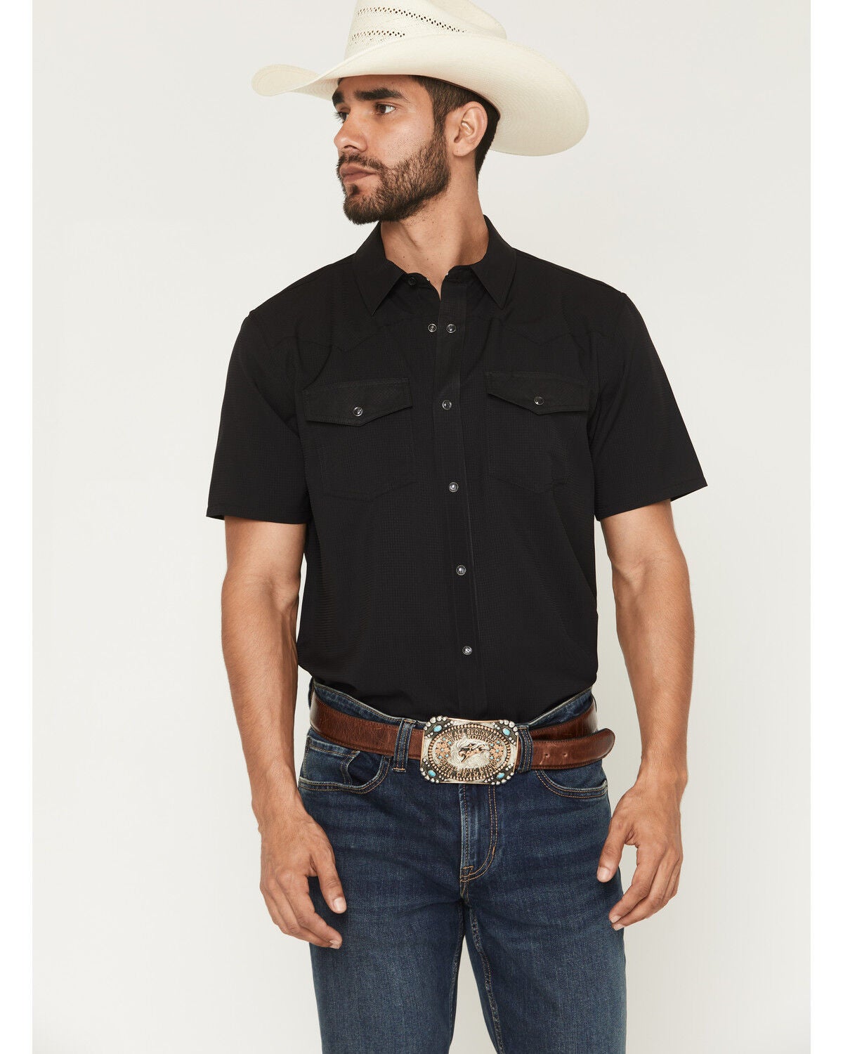 Image #1 - RANK 45&reg; Men's Ridge Solid Short Sleeve Pearl Snap Western Performance Shirt, Black, hi-res