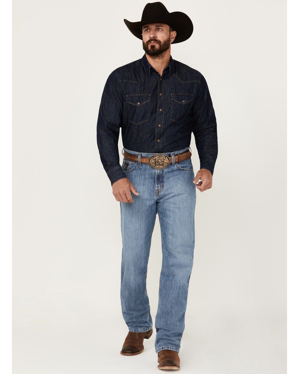 Cinch Men's Black Label Medium Wash Loose Tapered Rigid Denim Jeans, Blue, hi-res