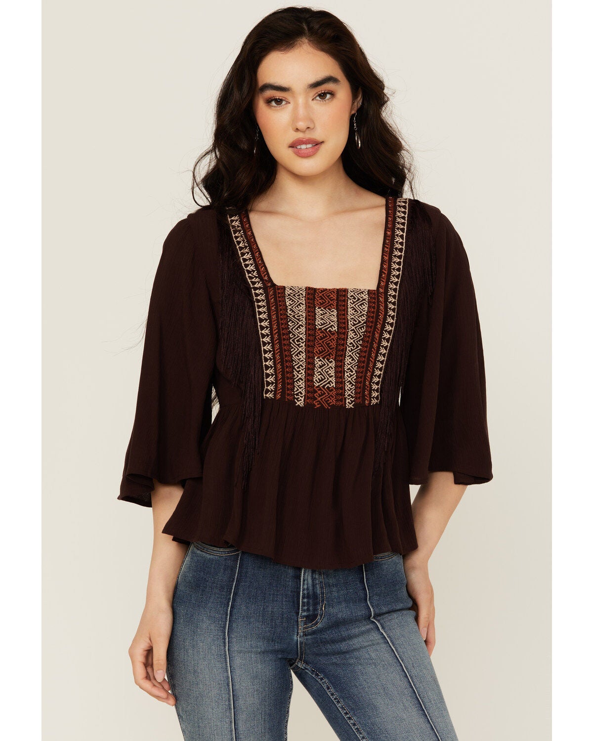 Shyanne Women's Embroidered Fringe Short Sleeve Shirt, Chocolate, hi-res