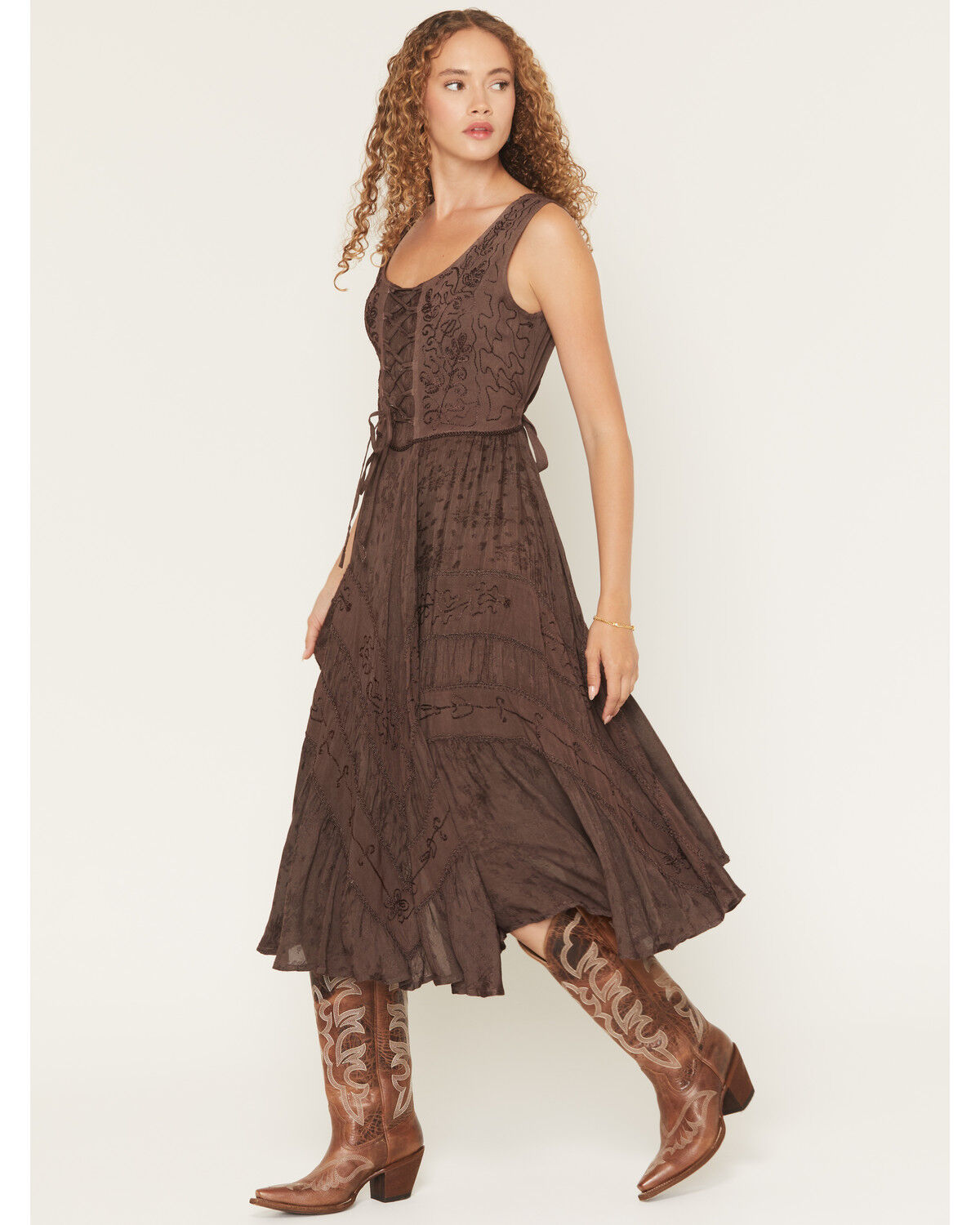 Image #2 - Scully Women's Lace-Up Jacquard Midi Dress, Brown, hi-res