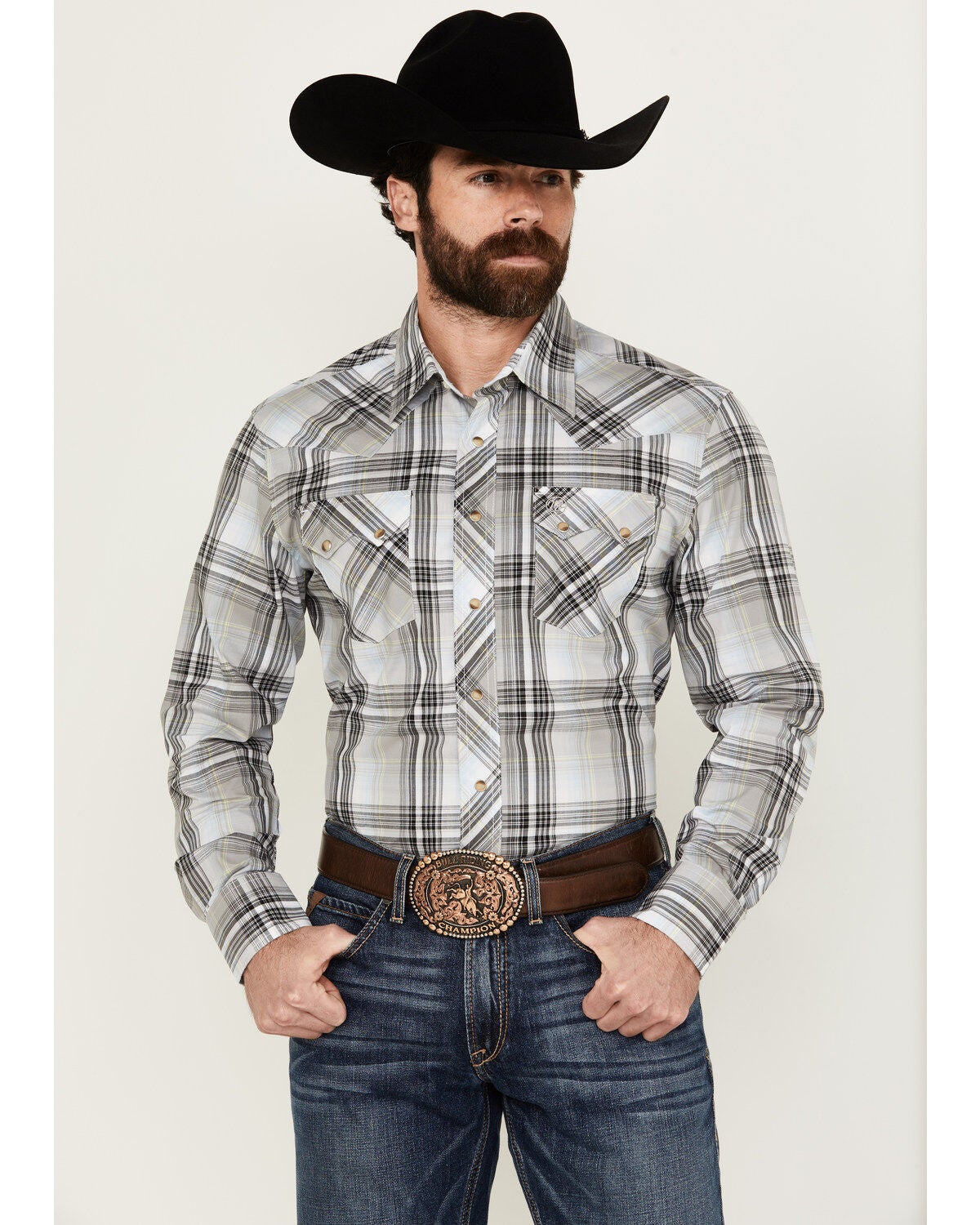 Wrangler Retro Men's Plaid Print Long Sleeve Snap Western Shirt, Grey, hi-res