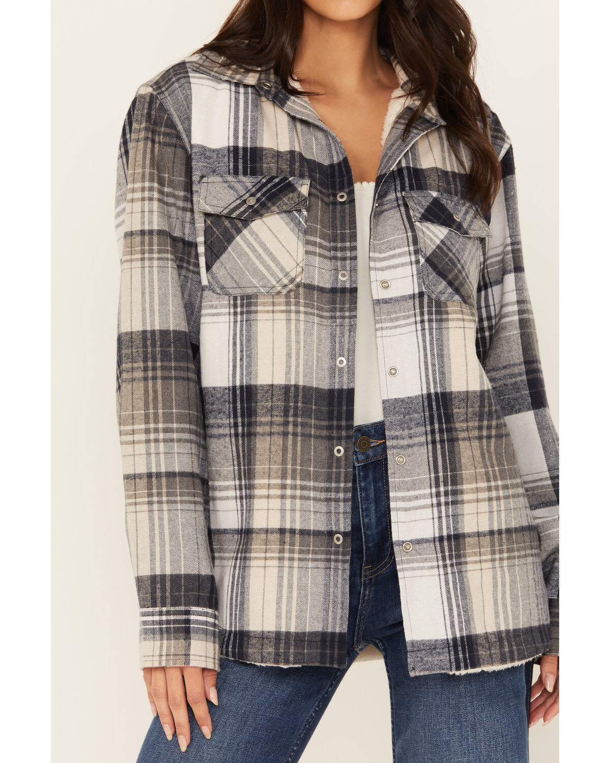 Image #3 - Pacific Teaze Women's Plaid Print Sherpa Lined Shacket, Navy, hi-res
