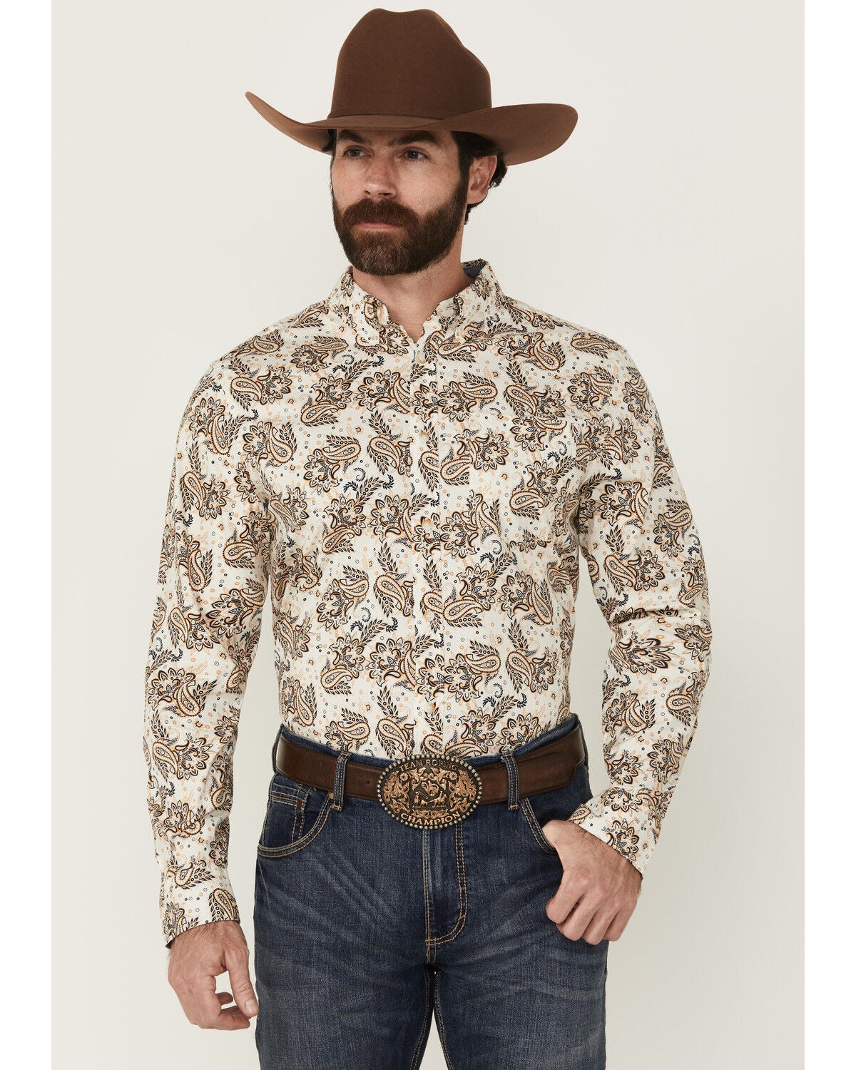 Cody James Men's Kendall Paisley Print Long Sleeve Button-Down Stretch Western Shirt - Tall, Tan, hi-res