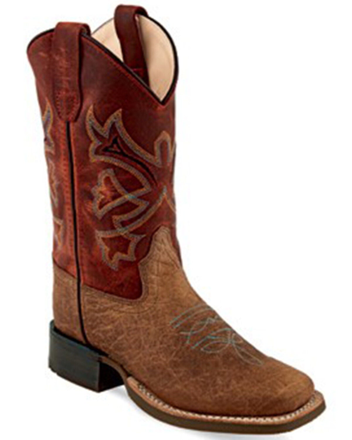Old West Boys' Bull Hide Print Western Boots - Broad Square Toe, Brick Red, hi-res
