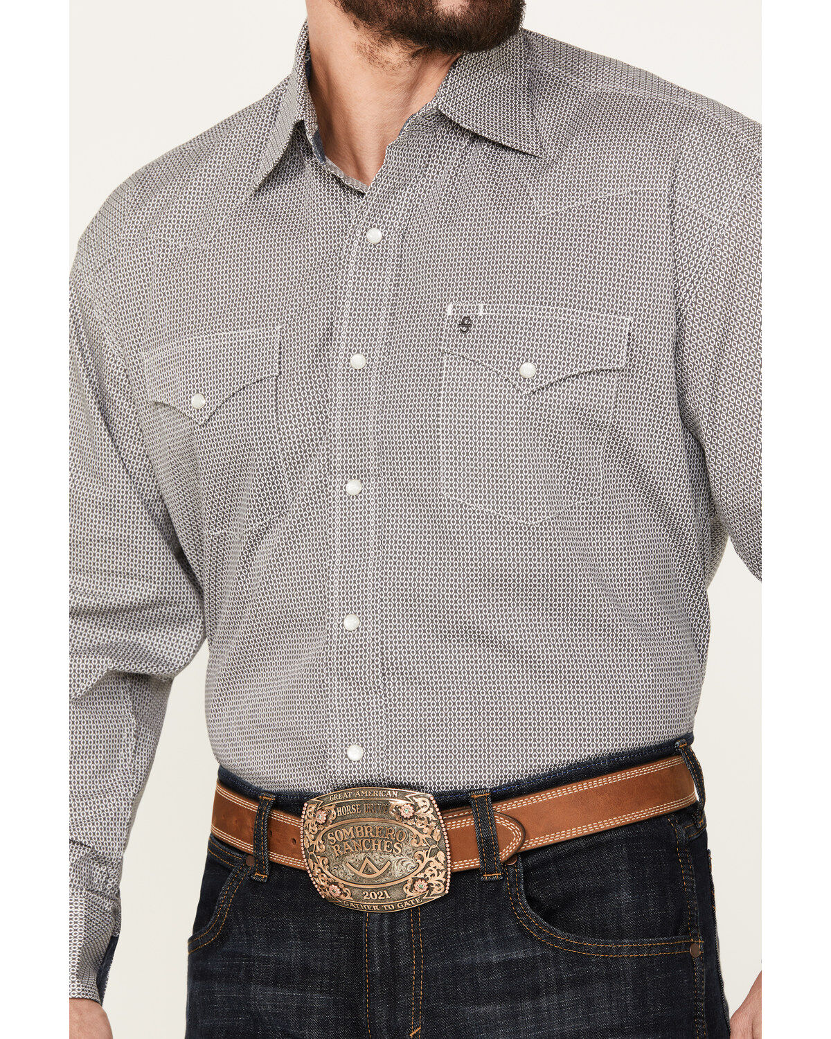 Image #3 - Stetson Men's Diamond Geo Print Long Sleeve Western Pearl Snap Shirt, Grey, hi-res