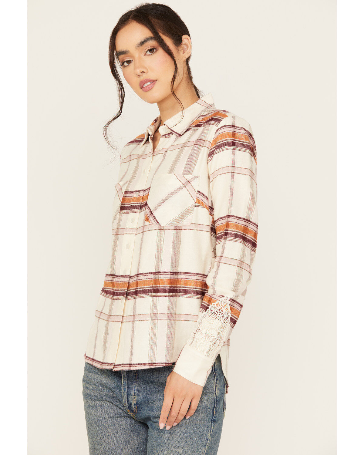 Image #4 - Shyanne Women's Lace Applique Plaid Print Button-Down Flannel Shirt, Cream, hi-res