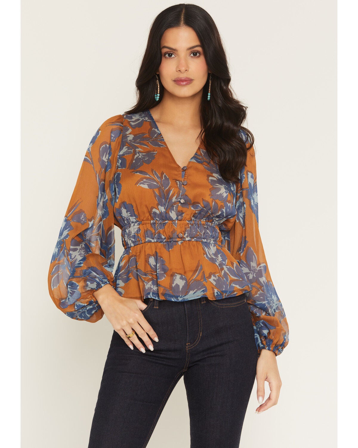 Shyanne Women's Floral Print Long Sleeve Chiffon Shirt, Pecan, hi-res