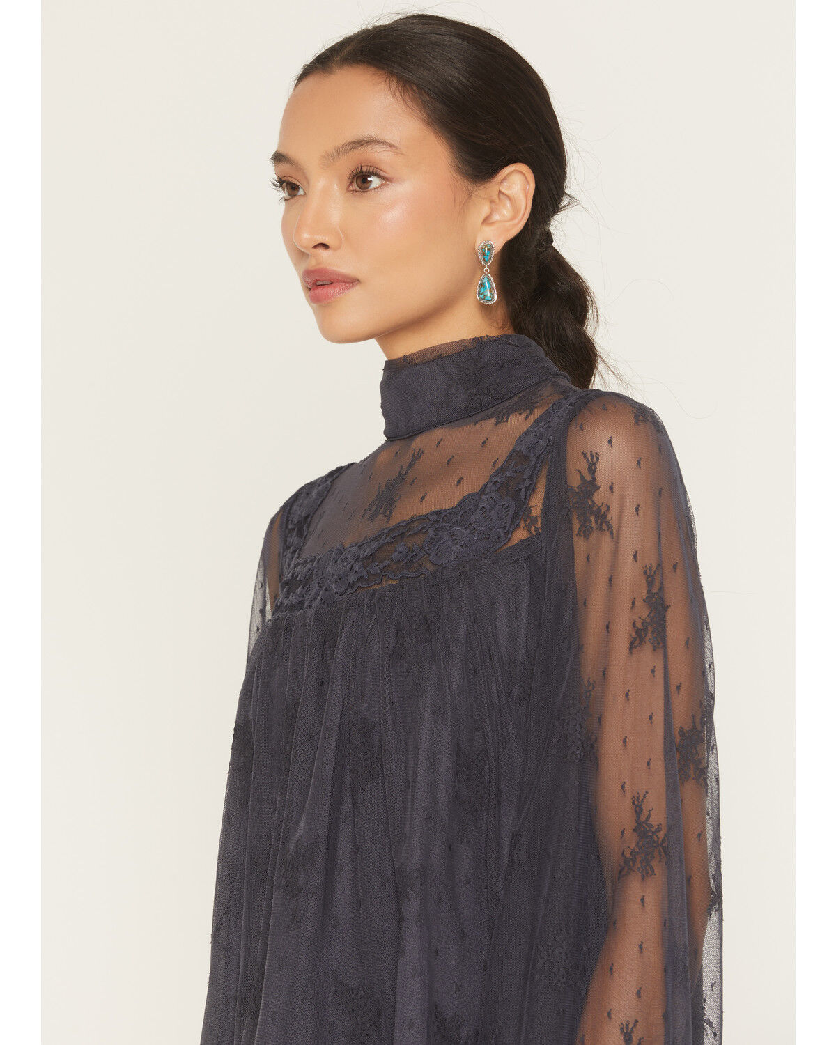 Image #2 - By Together Women's Mock Neck Lace Long Sleeve Top, Navy, hi-res
