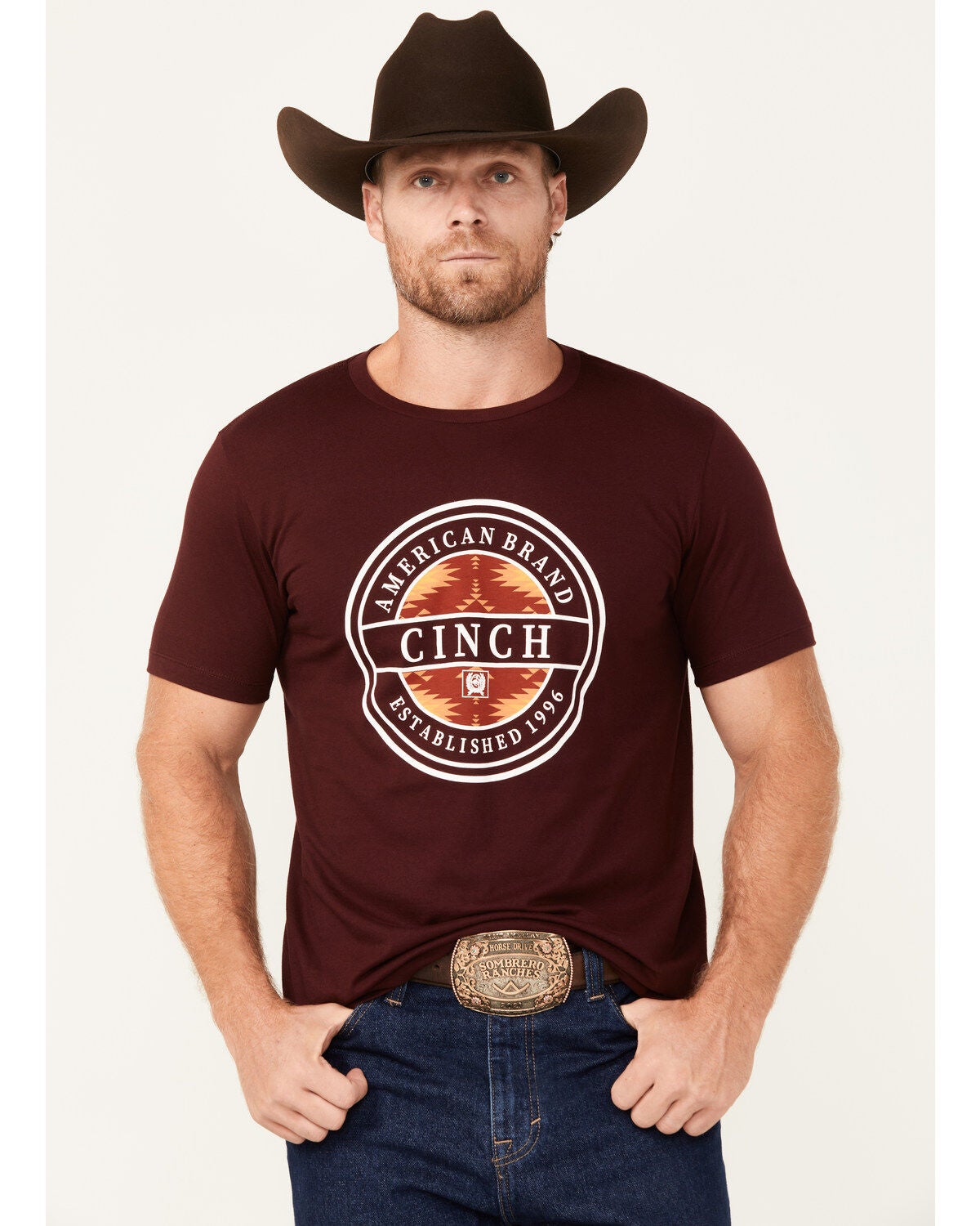 Cinch Men's Boot Barn Exclusive Southwestern Circle Logo Short Sleeve Graphic T-Shirt, Burgundy, hi-res