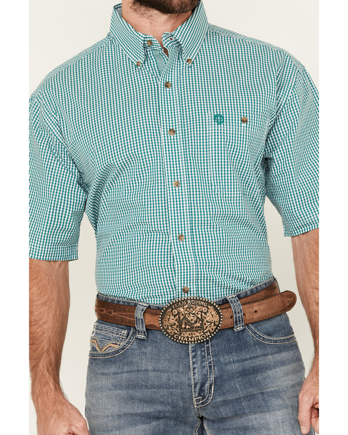 Image #3 - George Strait by Wrangler Men's Checkered Print Short Sleeve Button-Down Stretch Western Shirt, Turquoise, hi-res