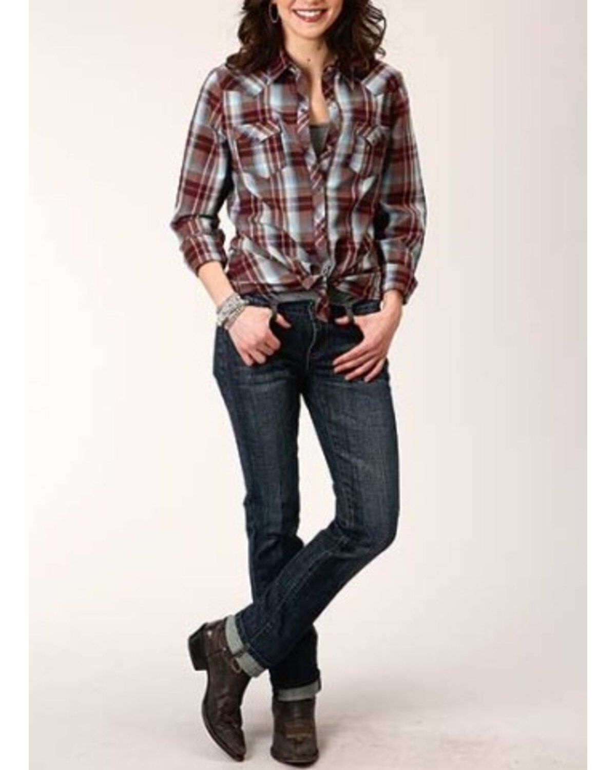 Image #2 - Roper Women's Plaid Print Long Sleeve Snap Western Shirt, Wine, hi-res