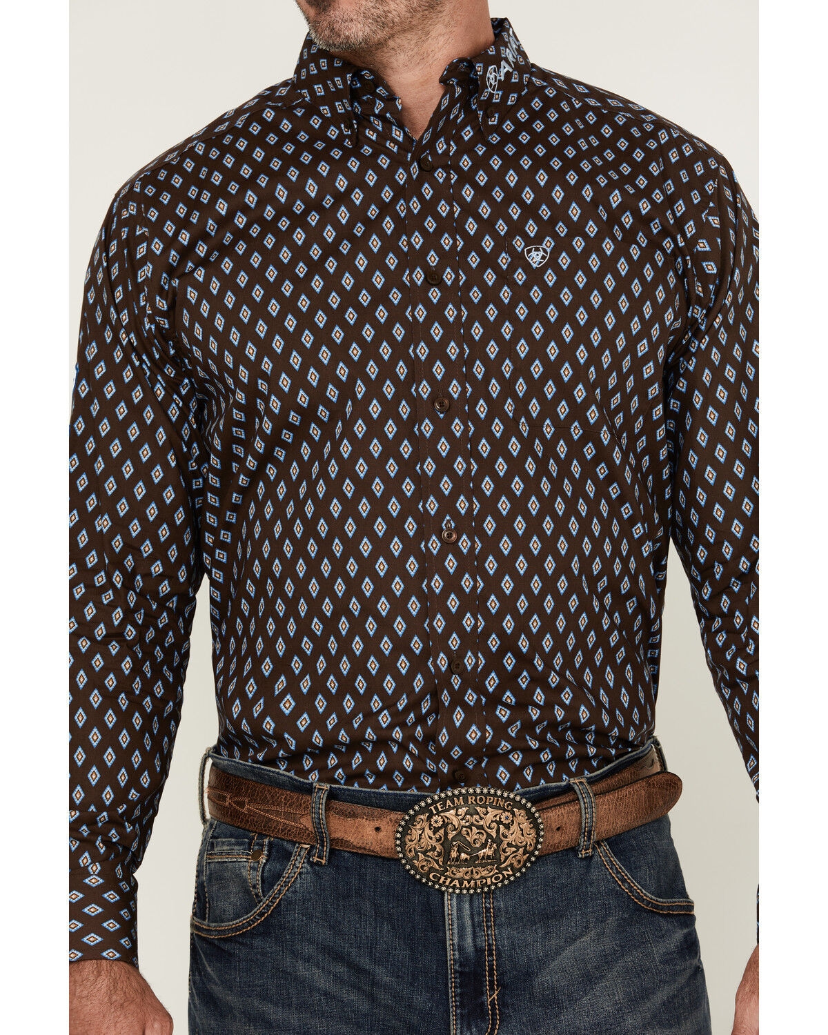 Image #3 - Ariat Men's Team Geo Print Long Sleeve Button-Down Western Shirt, Brown, hi-res