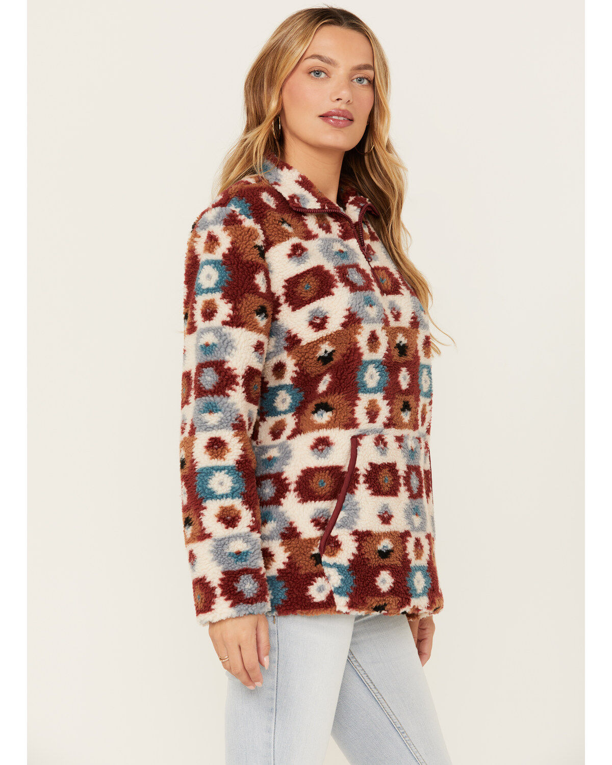 Image #2 - Cotton & Rye Women's Southwestern Print Sherpa Half Zip Pullover, Rust Copper, hi-res