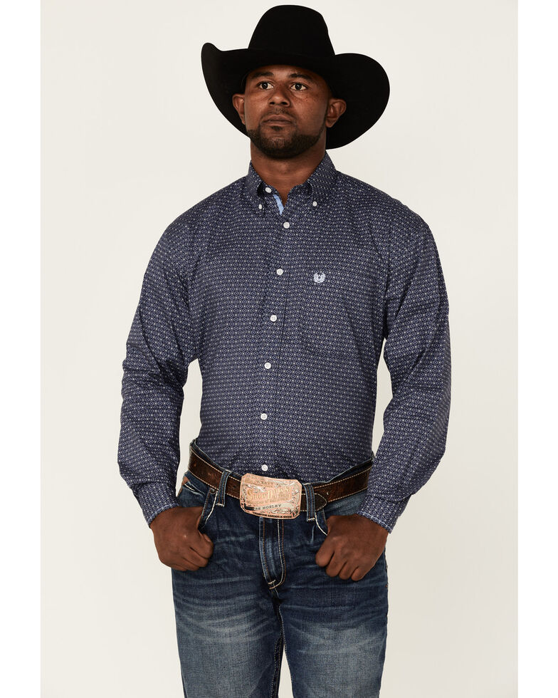 Rough Stock By Panhandle Men's Navy Southwestern Geo Print Long Sleeve Button-Down Western Shirt , Navy, hi-res