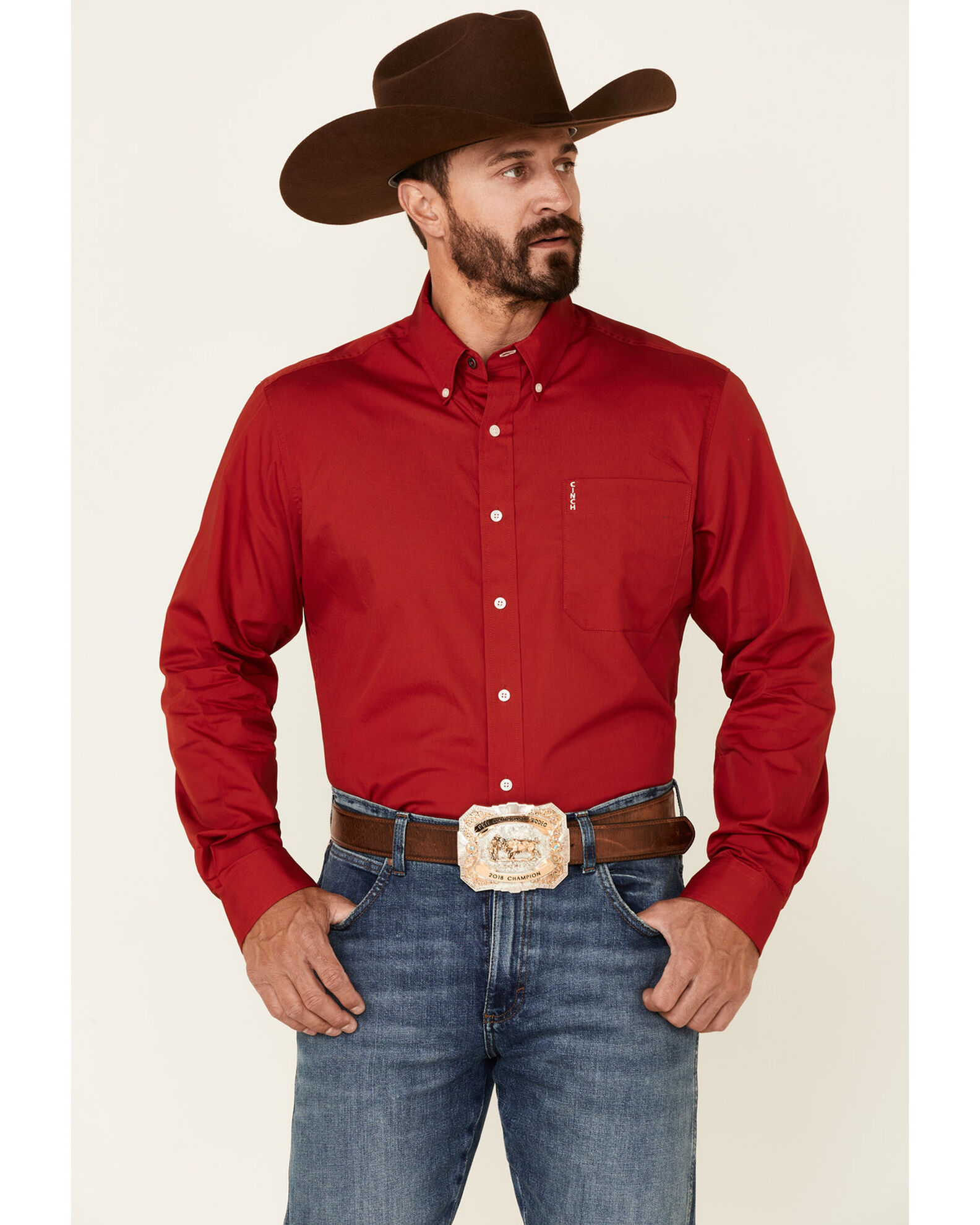 Cinch Men s Modern Fit Solid Red Long Sleeve Button Down Western Shirt