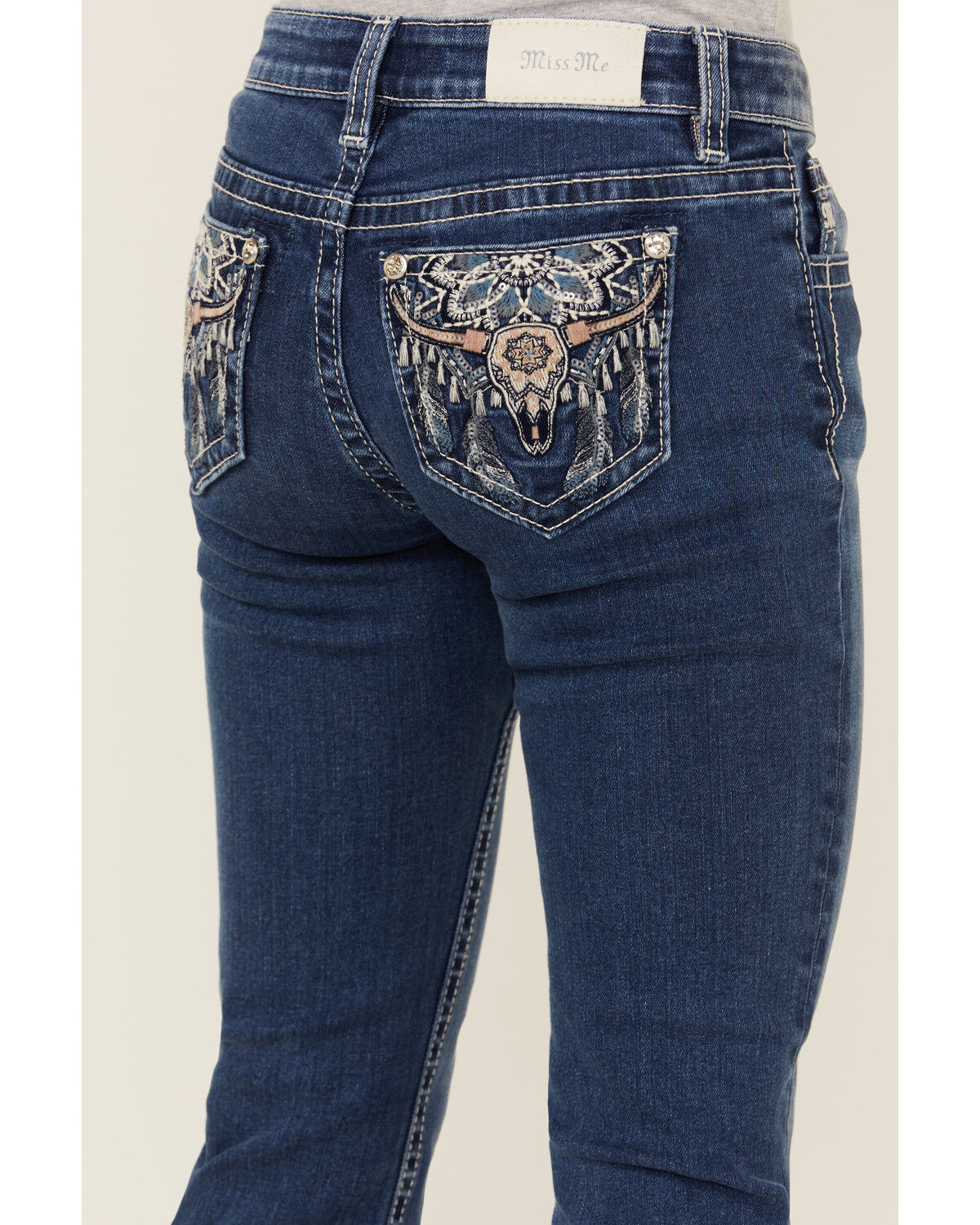 Image #2 - Miss Me Girls' Dark Wash Steerhead Pocket Bootcut Stretch Denim Jeans, Blue, hi-res