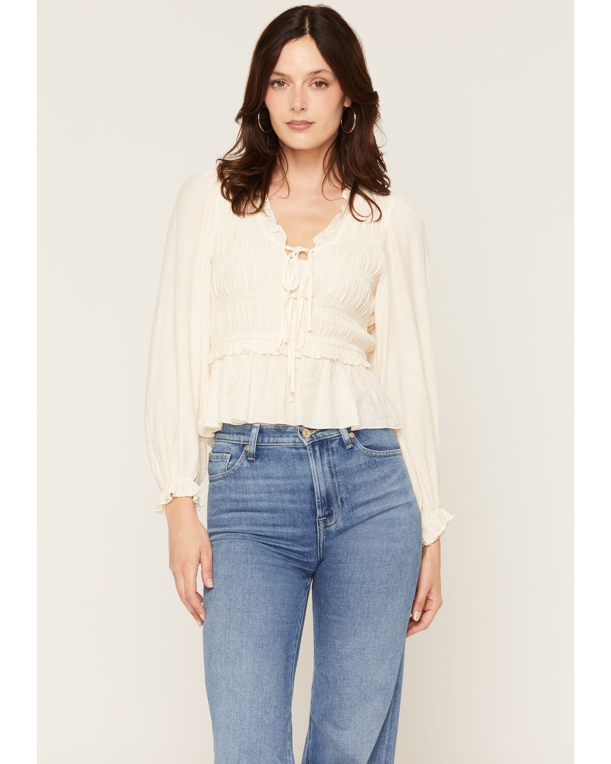 Yura Women's Solid Smocked Long Sleeve Tie-Front Shirt, Cream, hi-res