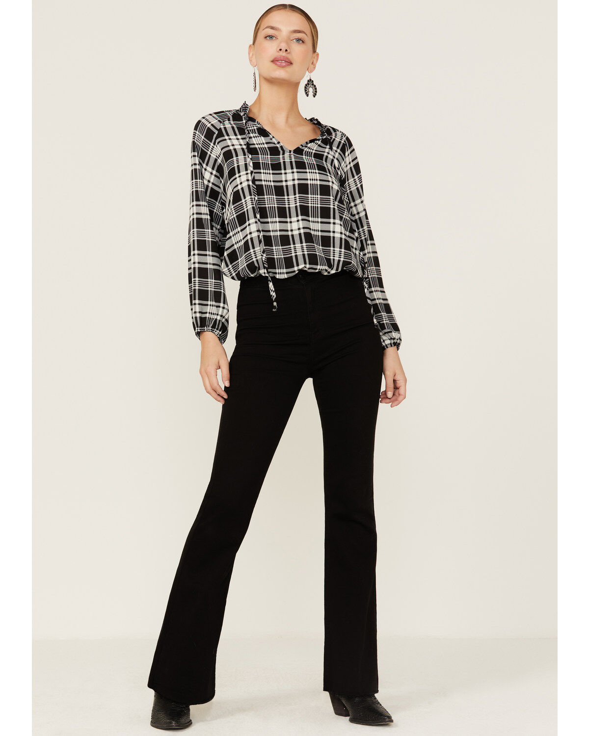 Image #4 - Wild Moss Women's Long Sleeve Tie Neck Peasant Blouse, Black, hi-res