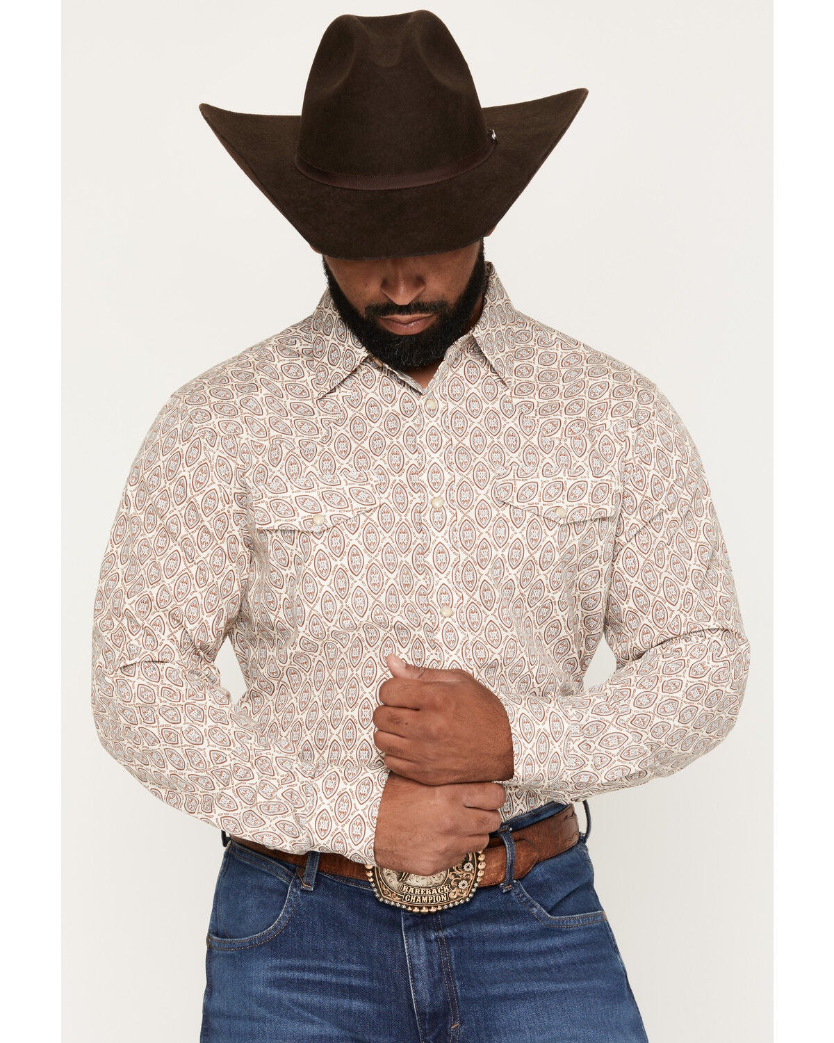 Gibson Trading Co Men's Whiskey Class Medallion Print Long Sleeve Snap Western Shirt, Cream, hi-res