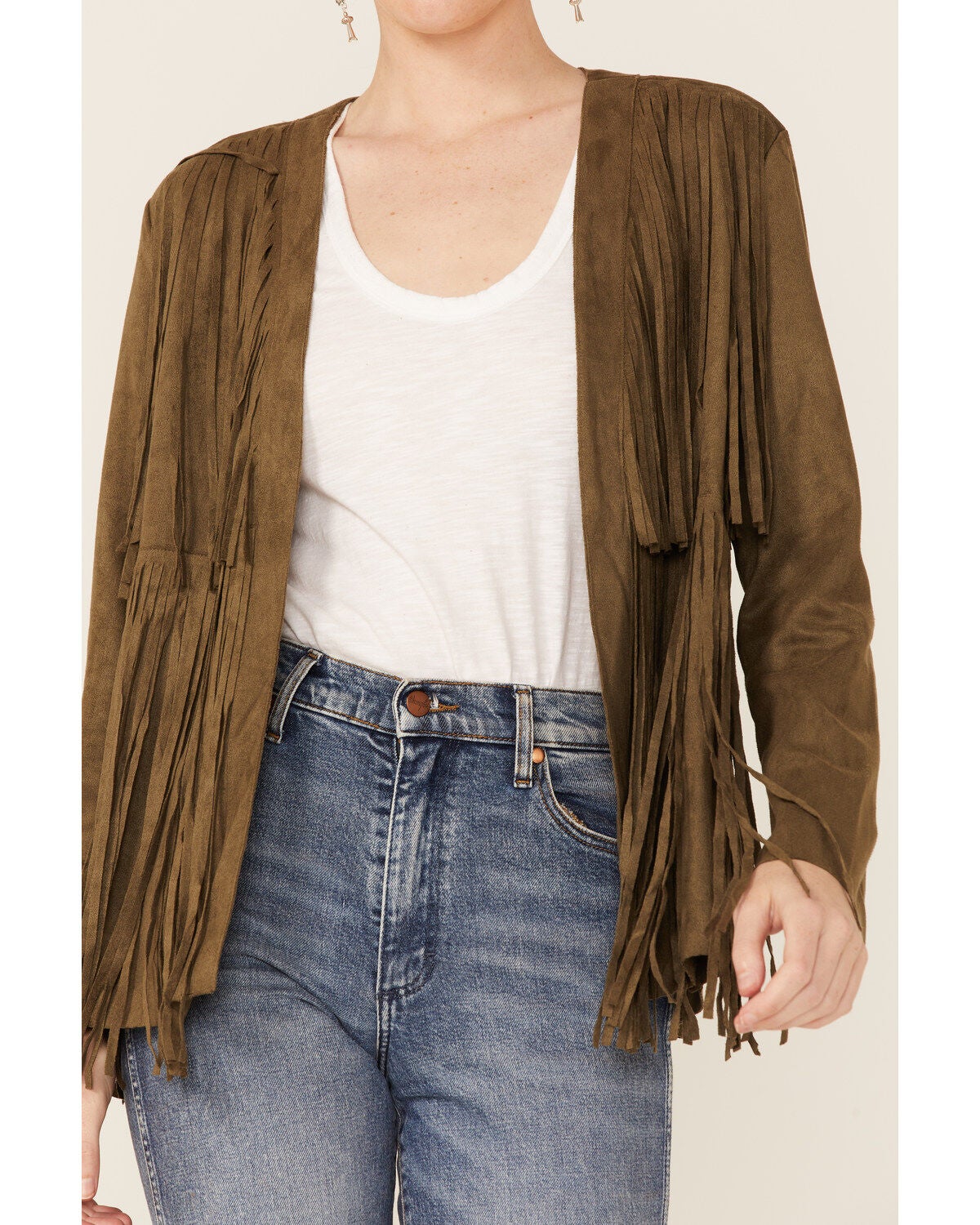 Image #2 - Vocal Women's Dark Olive Tiered Fringe Faux Suede Open-Front Jacket, , hi-res