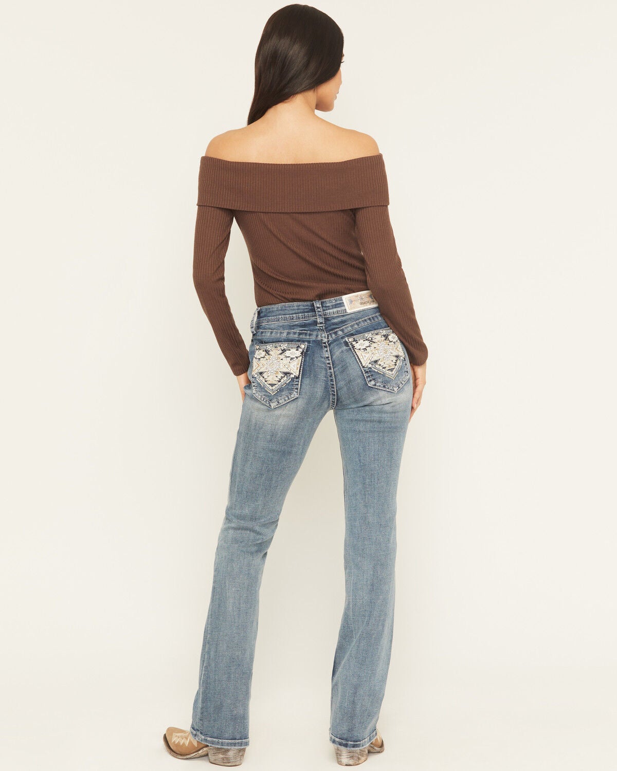 Grace In LA Women's Medium Wash Mid Rise Geo Embroidered Bootcut Stretch Denim Jeans, Medium Wash, hi-res