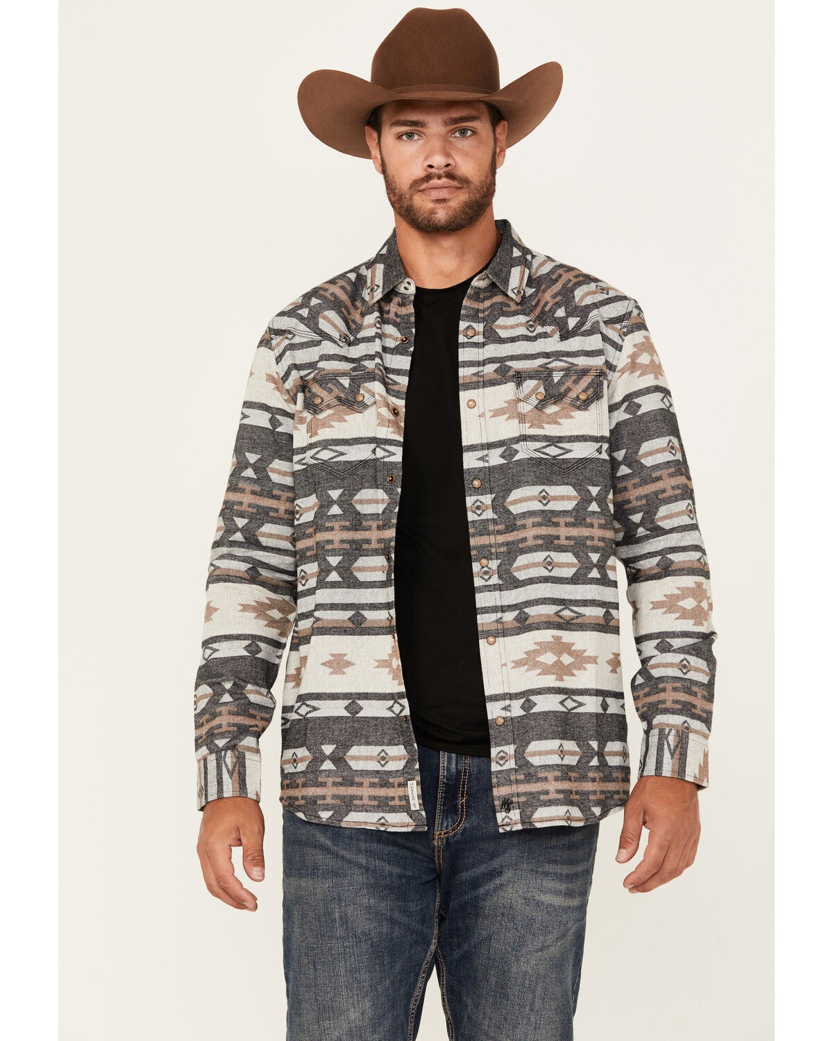 Moonshine Spirit&reg; Men's Gun Shop Southwestern Print Long Sleeve Snap Flannel Shirt, Tan, hi-res