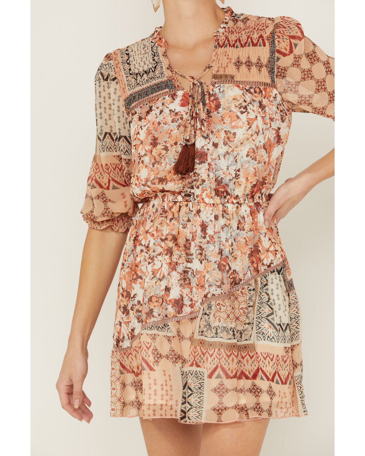 Image #2 - Miss Me Women's Patchwork Long Sleeve Mini Dress, Mauve, hi-res
