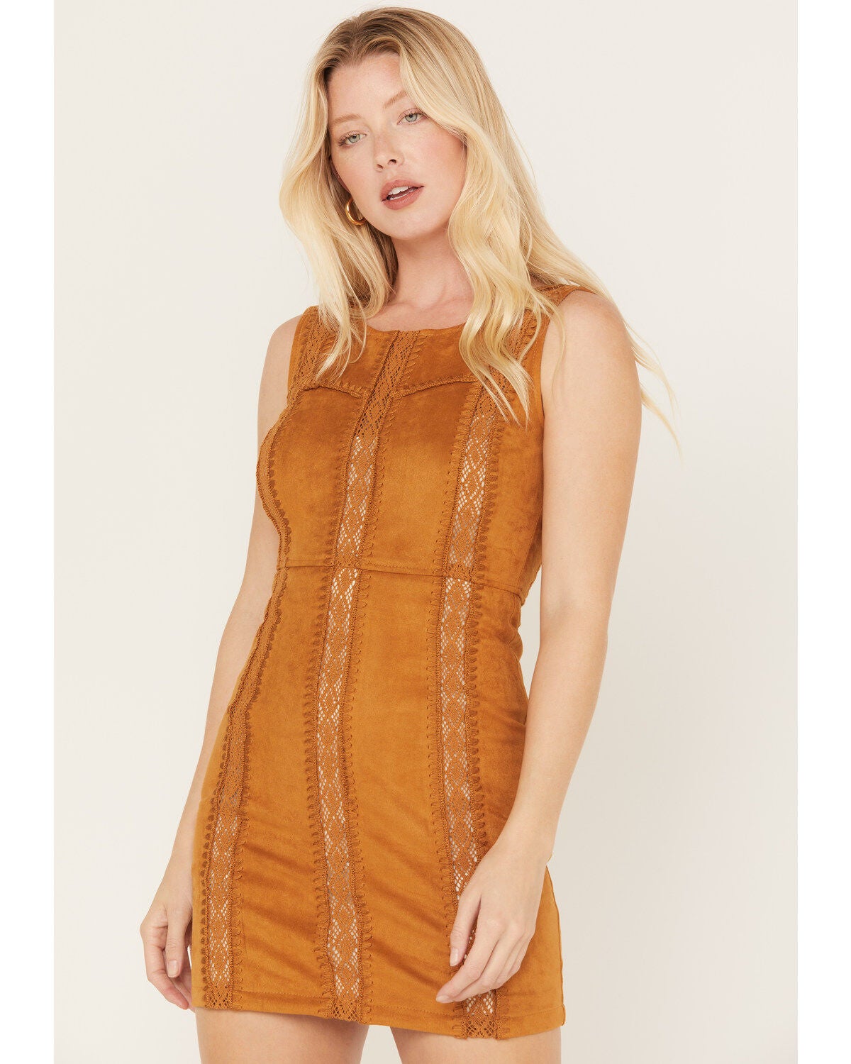 Shyanne Women's Faux Suede Crochet Mini Dress, Caramel, hi-res