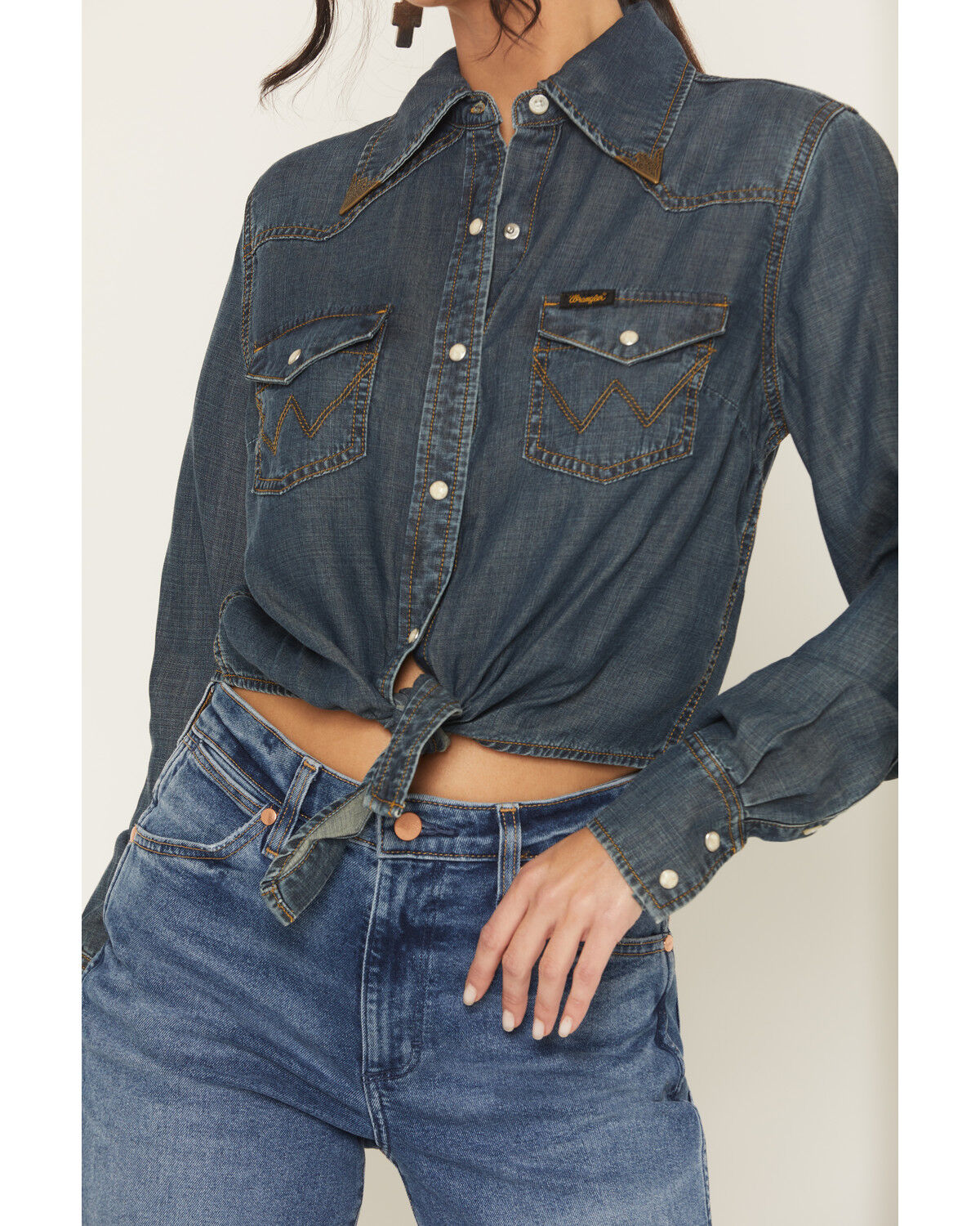Wrangler X Lainey Wilson Women's Dark Wash Long Sleeve Snap Tie Front Western Shirt