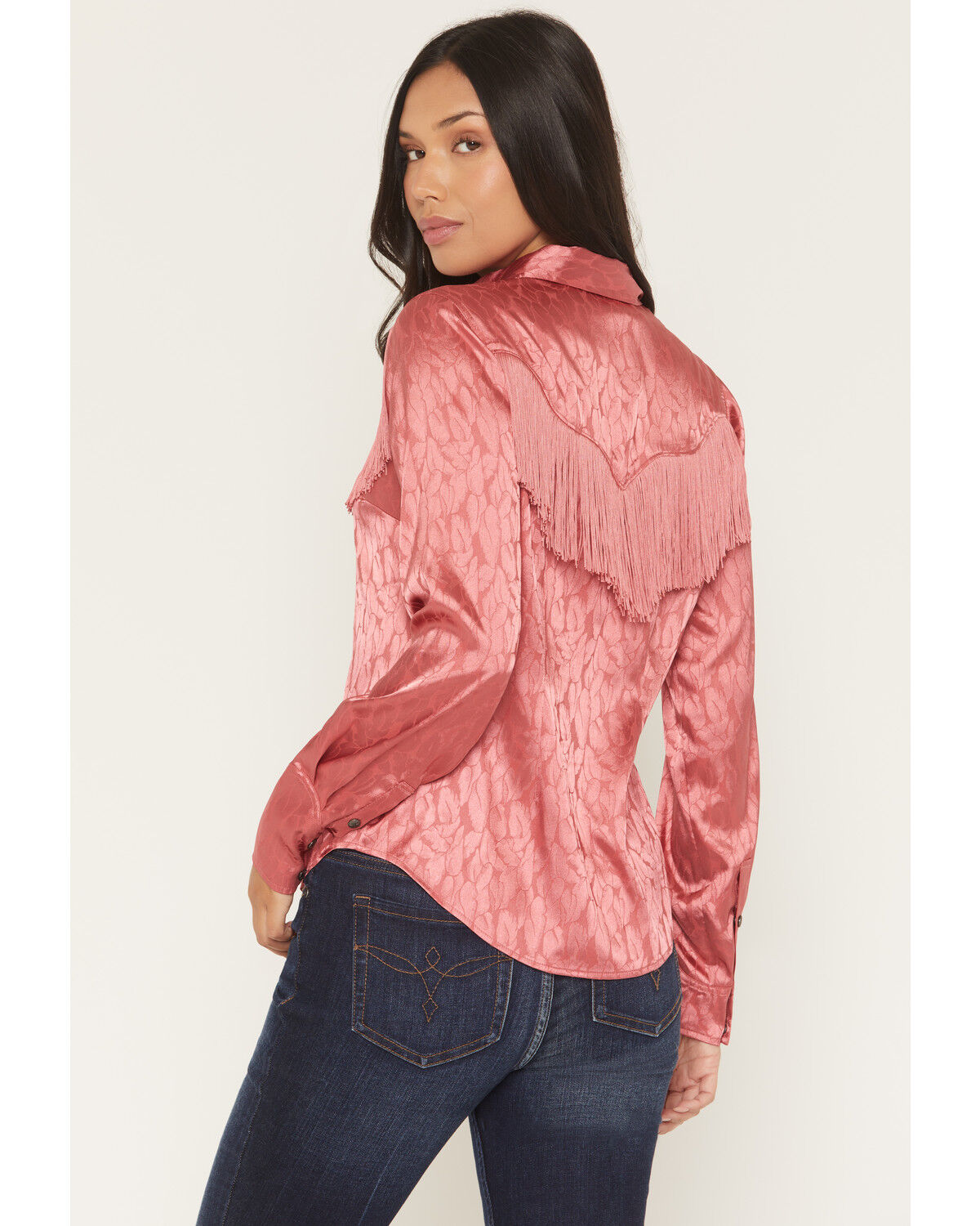 Image #4 - Shyanne Women's Roberta Long Sleeve Fringe Satin Button-Down Western Shirt, Dark Pink, hi-res