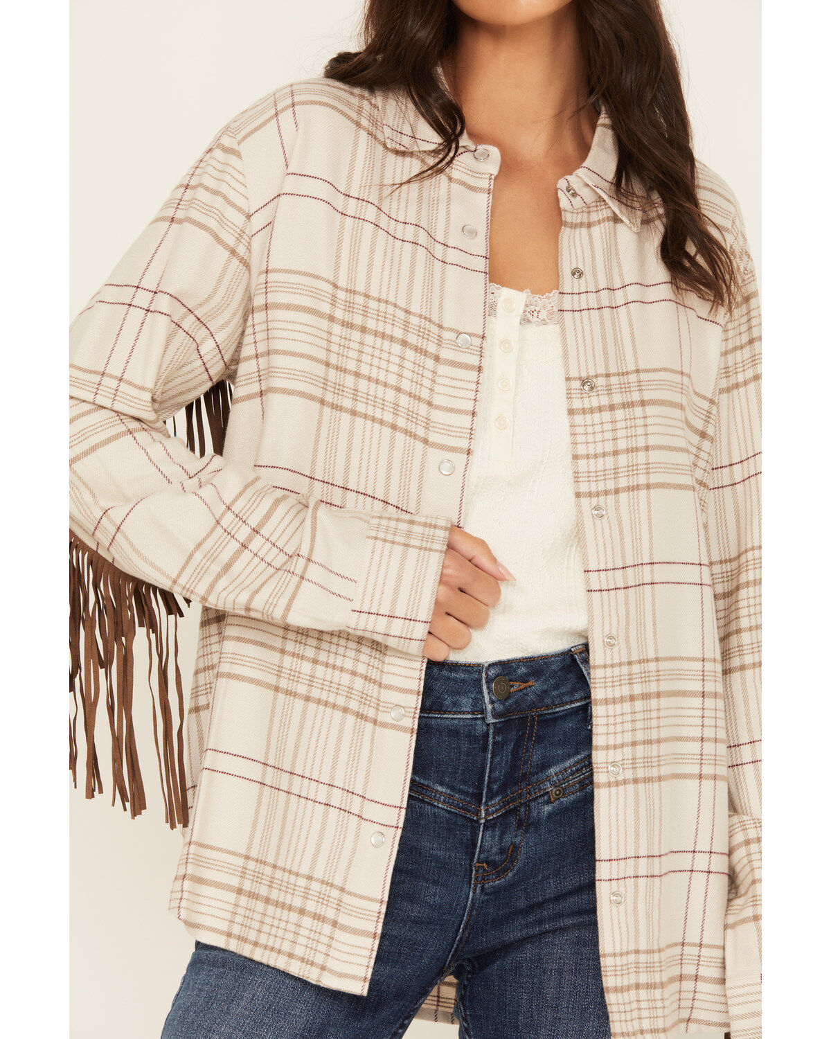 Image #4 - Idyllwind Women's Kingfish Fringe Flannel Shirt, Stone, hi-res