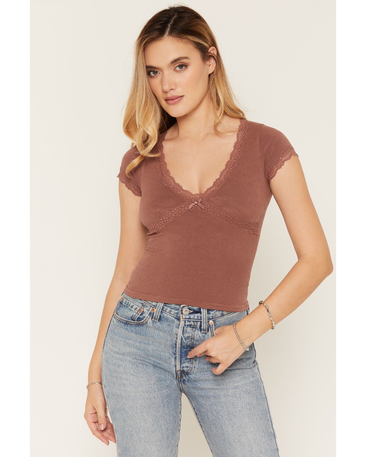 By Together Women's Lace Short Sleeve Shirt, Purple, hi-res