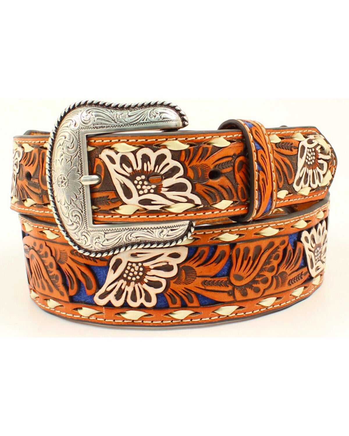 Nocona Men's Inlay Floral Embossed Western Belt, Blue, hi-res