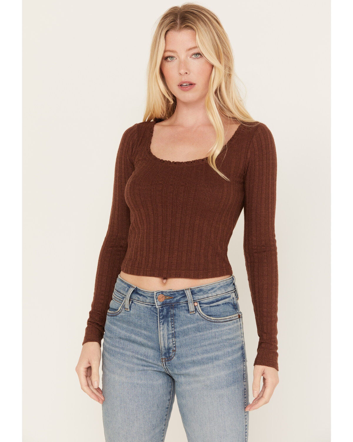 Shyanne Women's Pointelle Ruffle Trim Crop Top, Dark Brown, hi-res