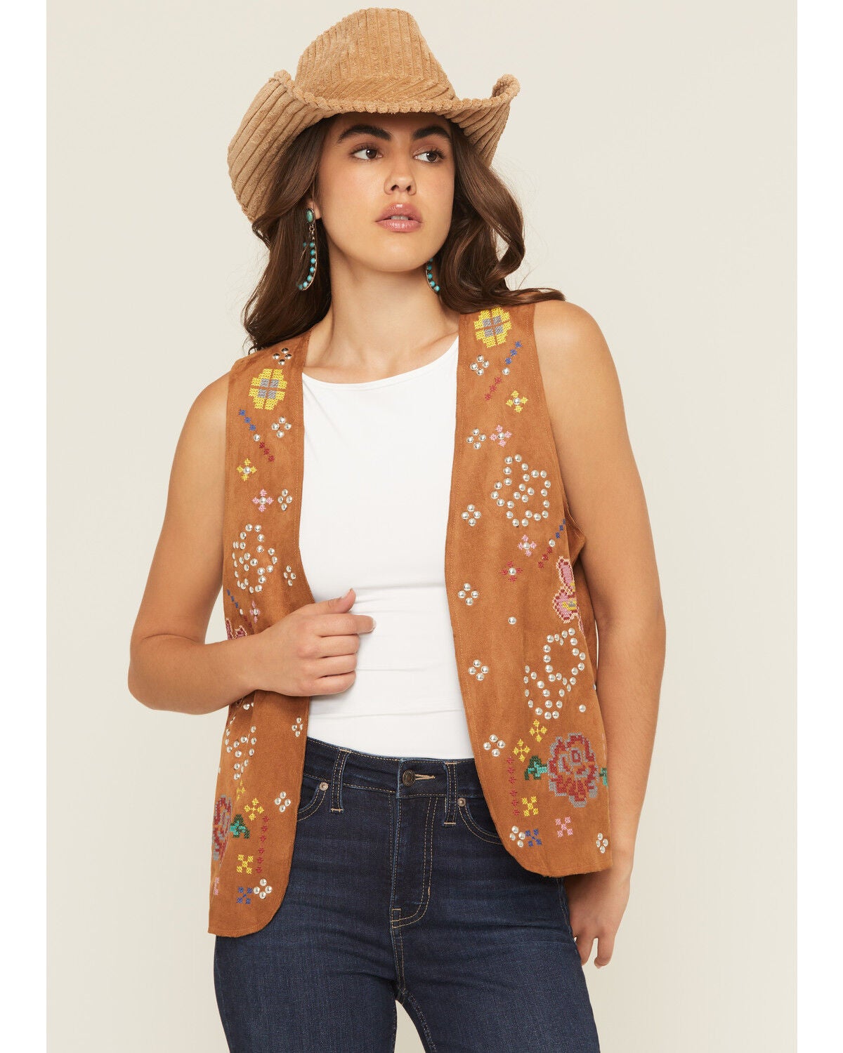 Fornia Women's Floral Embroidered Studded Faux Suede Vest, Camel, hi-res