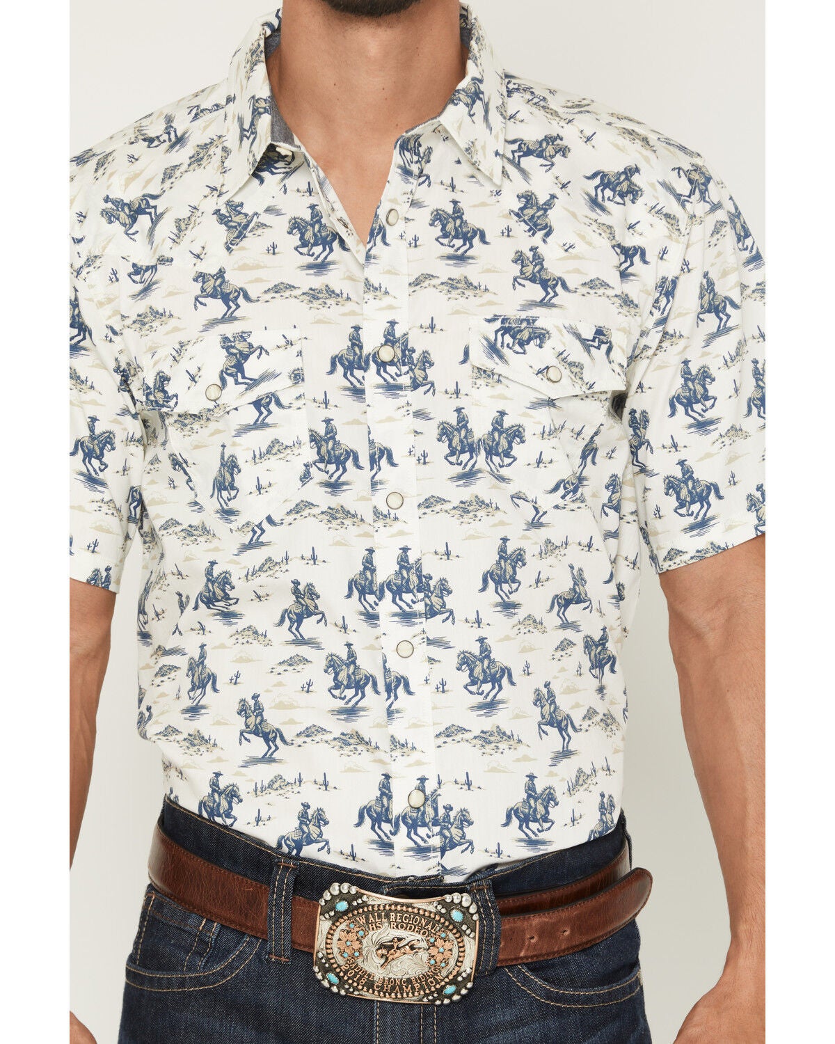 Image #3 - Cody James Men's Amos BBQ Western Print Short Sleeve Snap Western Shirt, Blue, hi-res