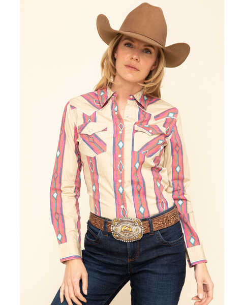 Image #1 - Wrangler Retro Women's Tan Southwestern Long Sleeve Western Shirt, , hi-res