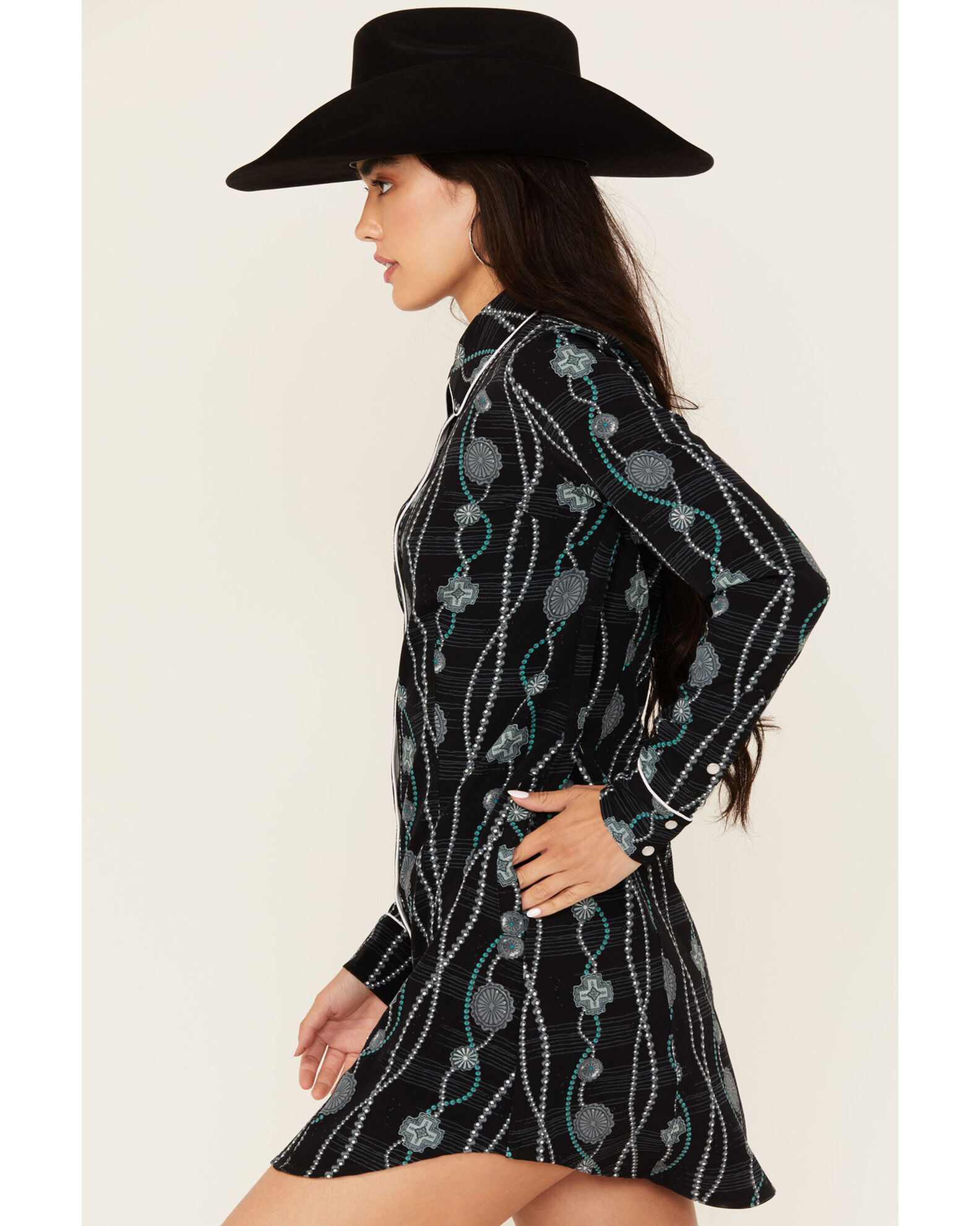 Image #2 - Panhandle Women's Concho Print Long Sleeve Snap Western Mini Dress, Black, hi-res