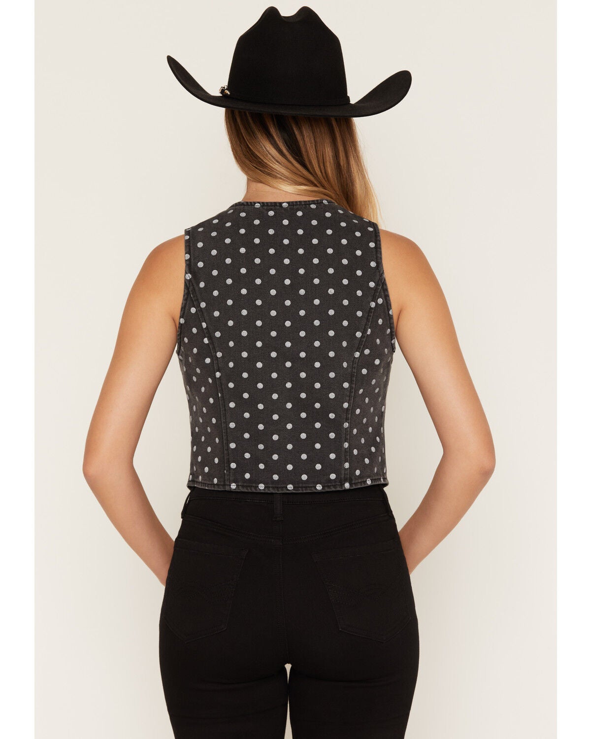 Image #4 - Ashley Women's Boot Barn Exclusive Polka Dot Print Tie-Front Denim Vest, Black, hi-res
