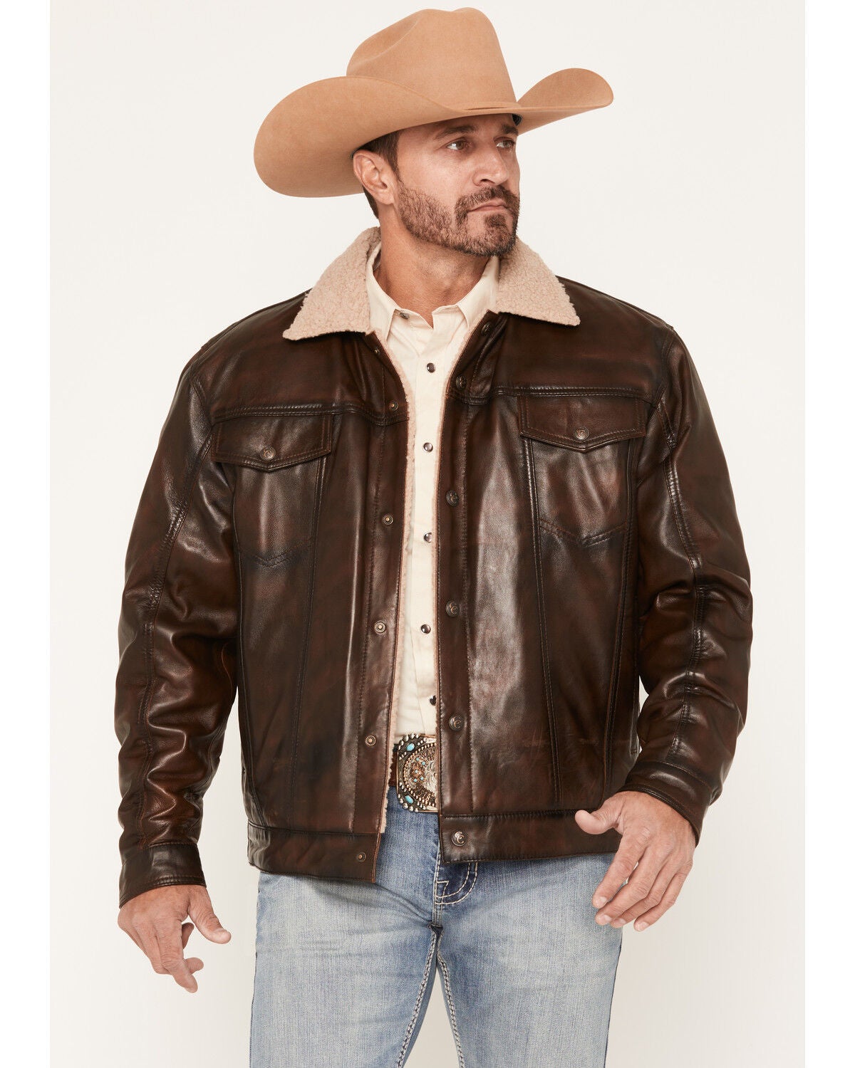 Image #1 - Cripple Creek Men's Sherpa Lined Concealed Carry Trucker Jacket, Brown, hi-res