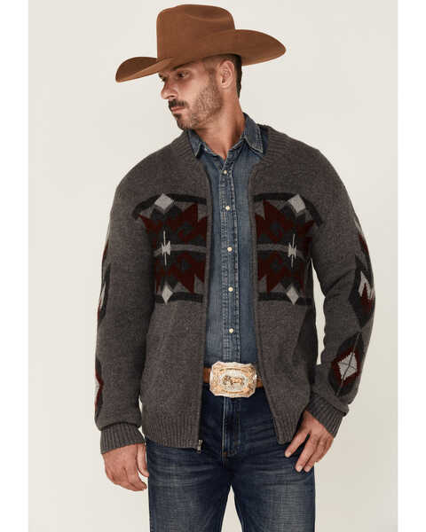 Stetson Men's Gray Southwestern Print Heather Knit Zip-Front Wool Sweater , Grey, hi-res