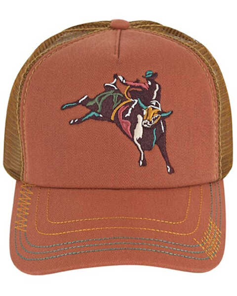 Catchfly Women's Bucking Broncho Rider Embroidered Ponytail Ball Cap, Orange, hi-res